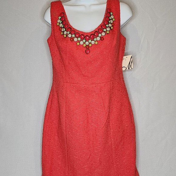 Milly of New York dress Kaylee Beaded Sheath in Watermelon Red Size 8 - Picture 1 of 4